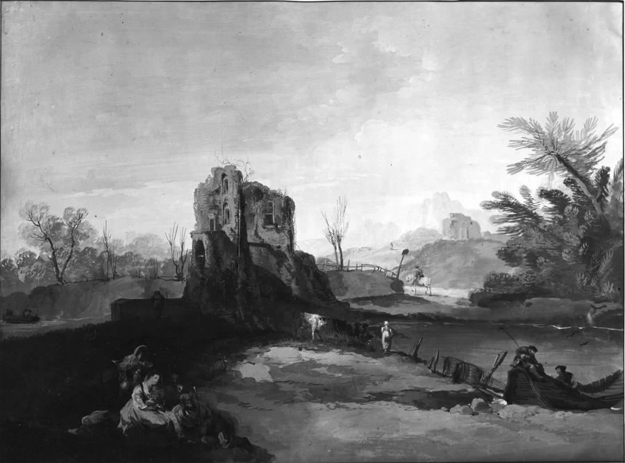Paesaggio fluviale con rovine e contadini